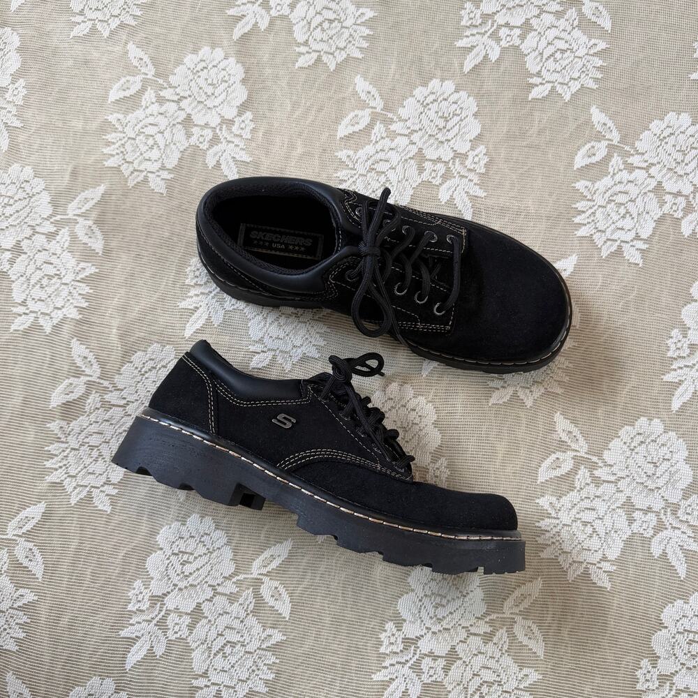 Vintage Skechers Black Suede Chunky Oxford Shoes Womenโs 9